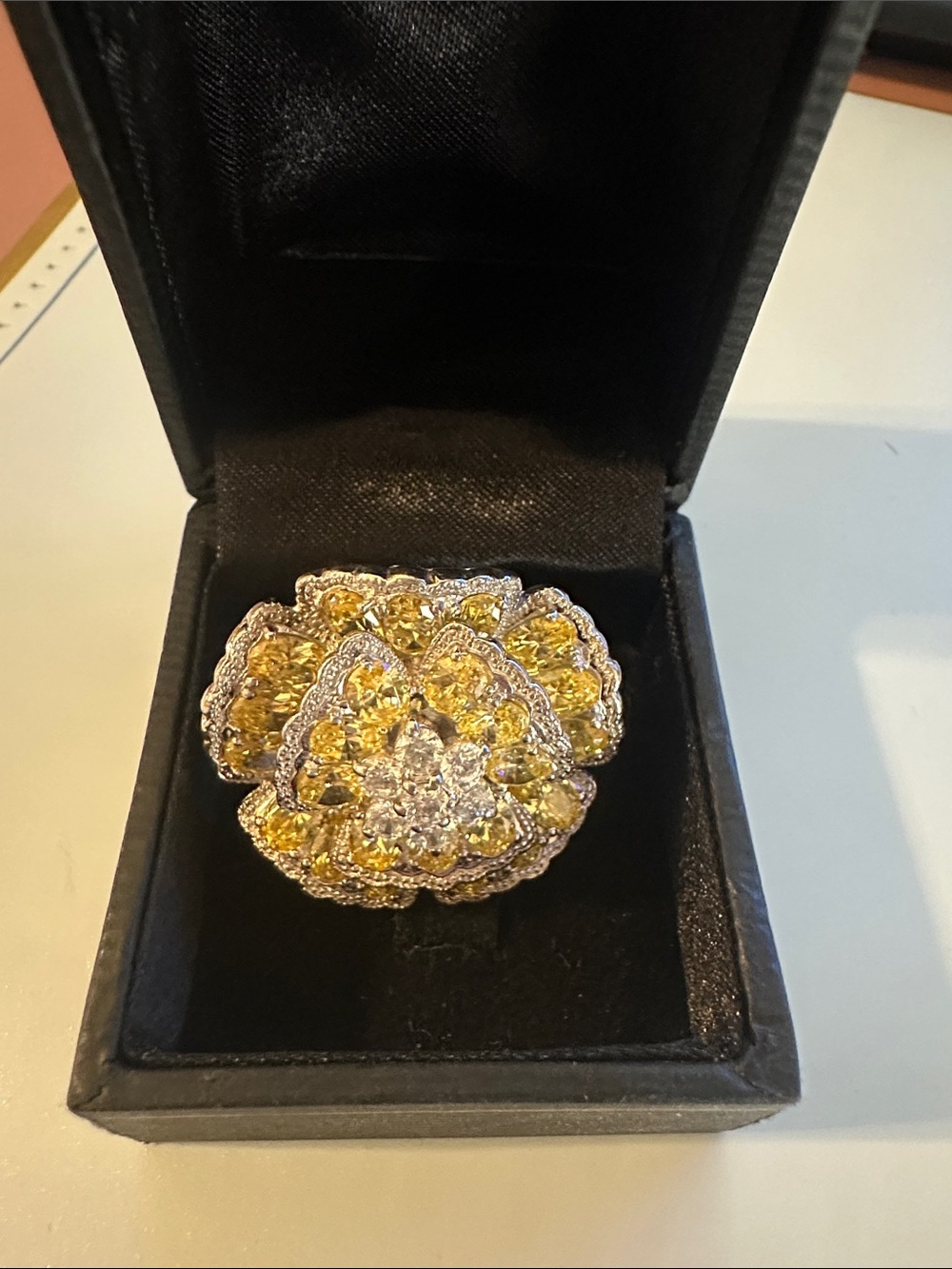 Statement Yellow Crystal Flower Cocktail Ring